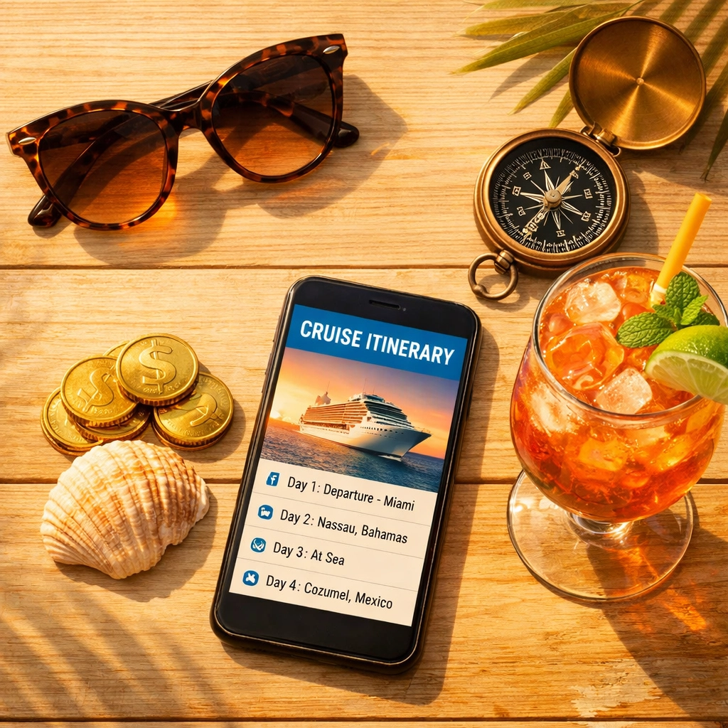 Planning a group cruise with a vacation itinerary and tropical items for a stress-free trip.