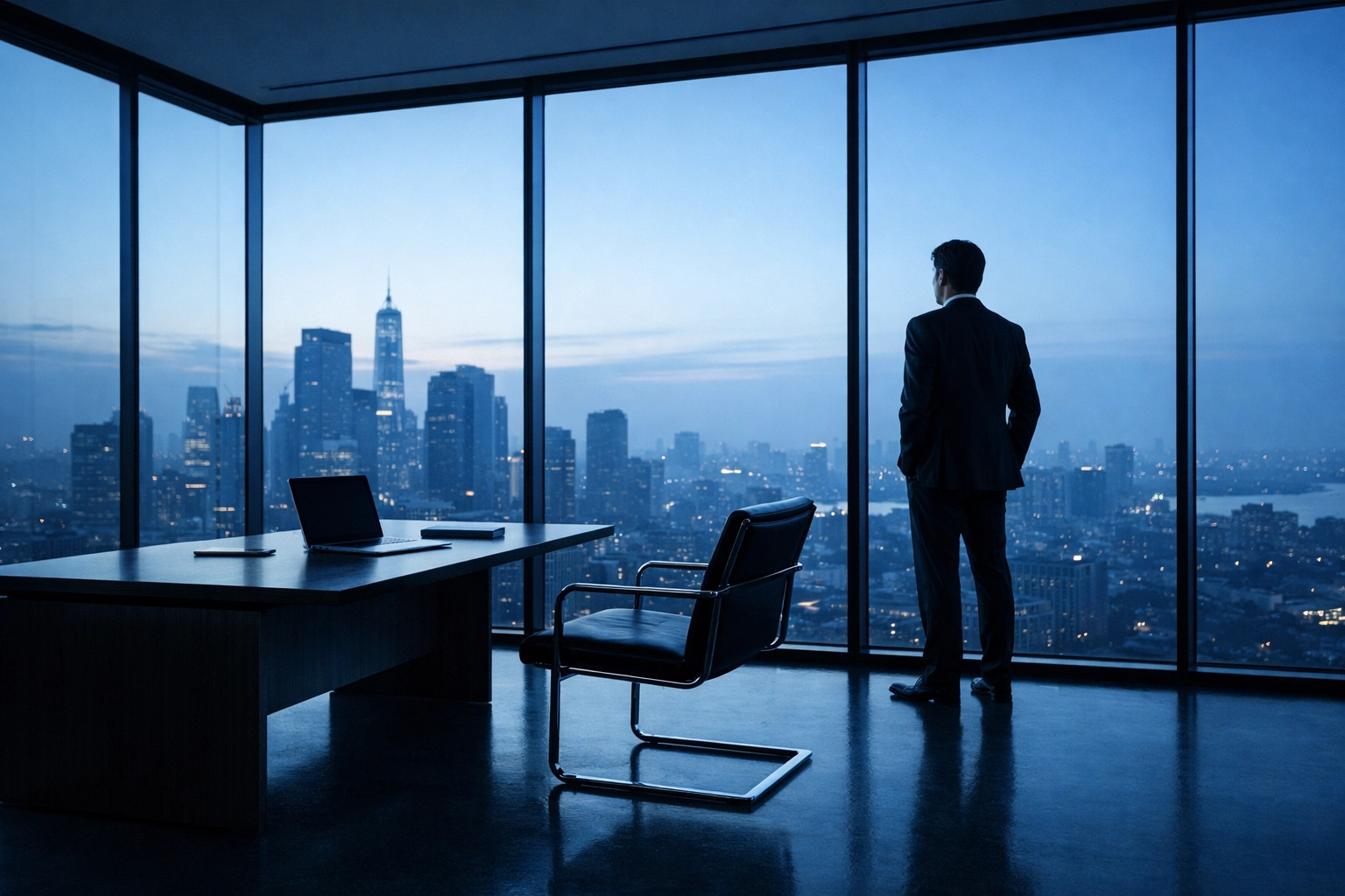 Executive professional overlooking a city skyline planning strategic organizational resilience and disaster management KPIs.