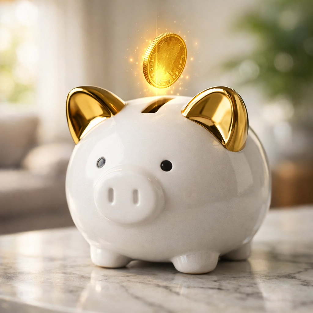 A gold coin falling into a sleek white piggy bank, representing a secure high-yield savings account for emergencies.
