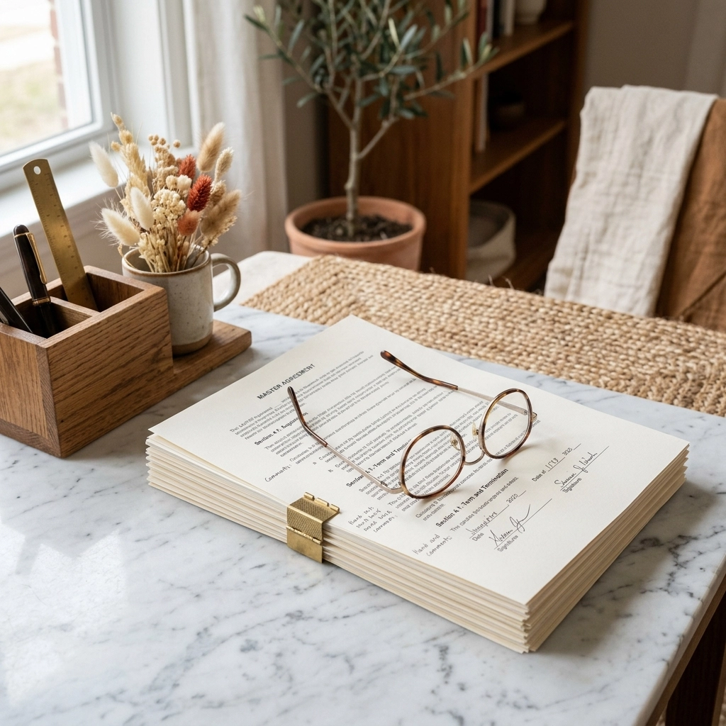 Stack of organized legal documents with reading glasses on a marble table