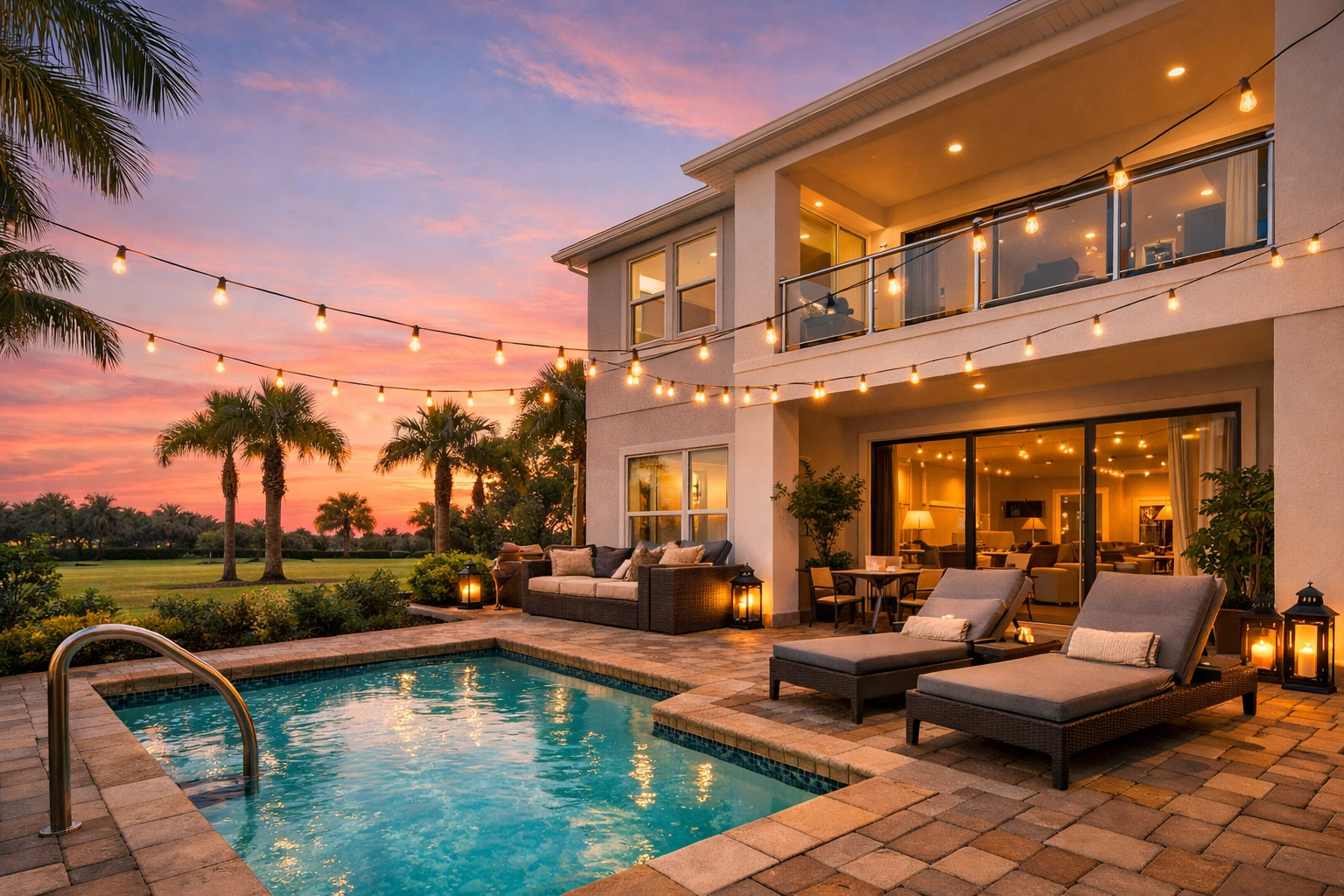 Luxury Kissimmee vacation rental townhouse with a private splash pool and patio at sunset.