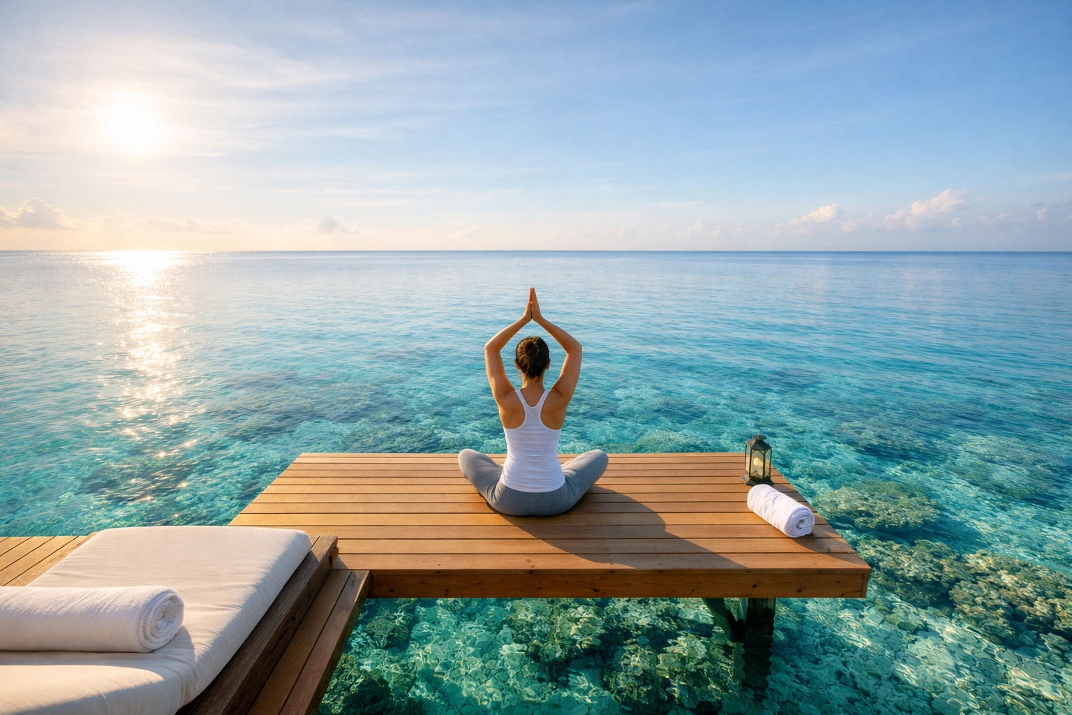 Peaceful yoga session on a wooden deck over turquoise ocean waters during a luxury wellness retreat.