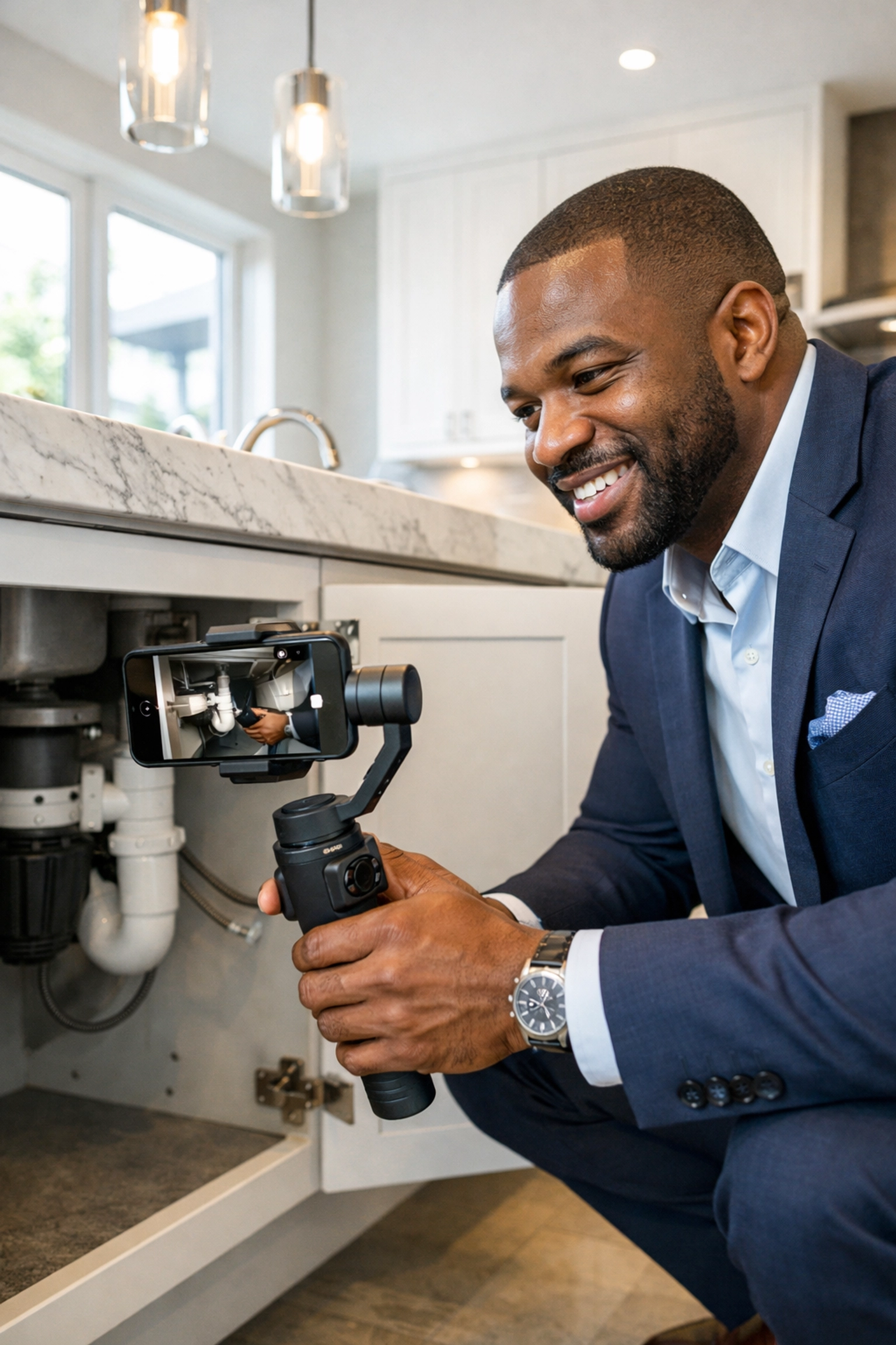 Black real estate agent performing a transparent virtual walkthrough in a modern North Carolina kitchen.
