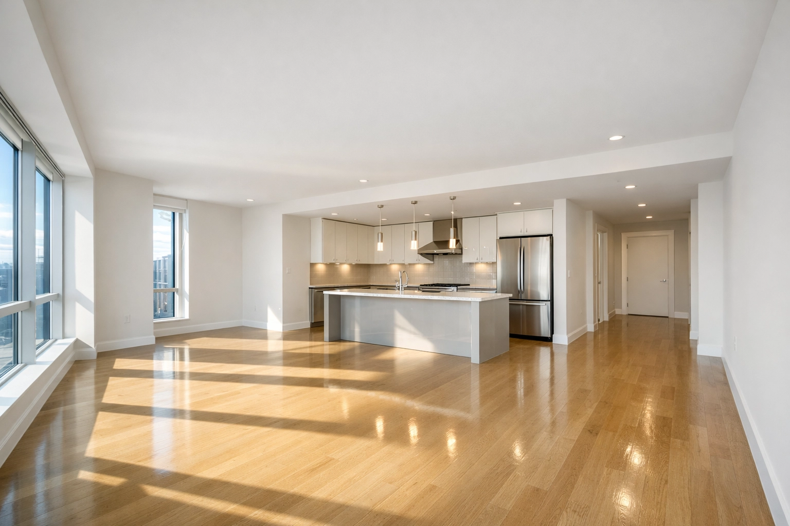 Gleaming floors in an empty East Cambridge apartment after a professional move-out cleaning Cambridge.
