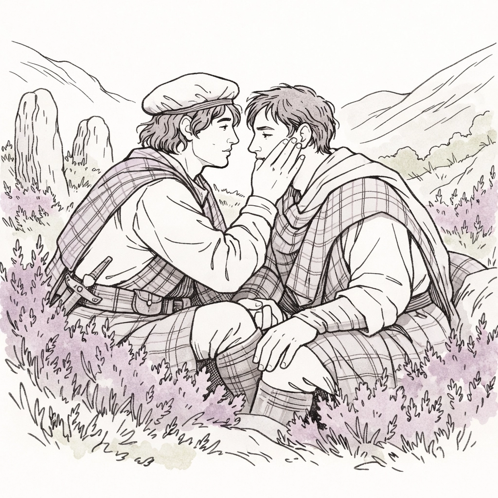 Two men in medieval Scottish dress share secret romantic moment in Highland heather glen