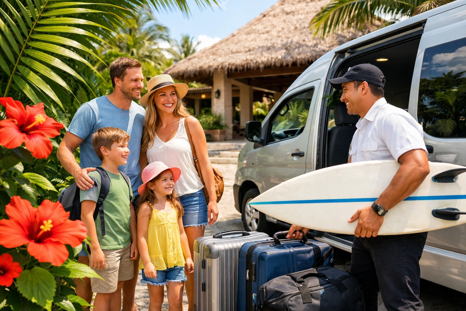A family arriving safely at a resort after a professional Liberia Costa Rica airport transfer.