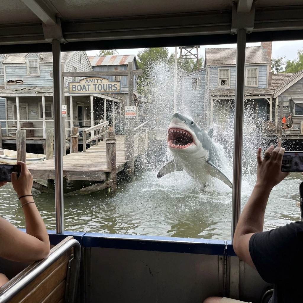 Action photo of the Jaws shark at Amity Island, a highlight of the best photography locations on the Studio Tour.