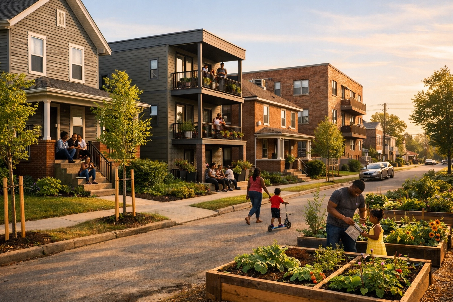 Revitalized residential street showing diverse housing types and community transformation