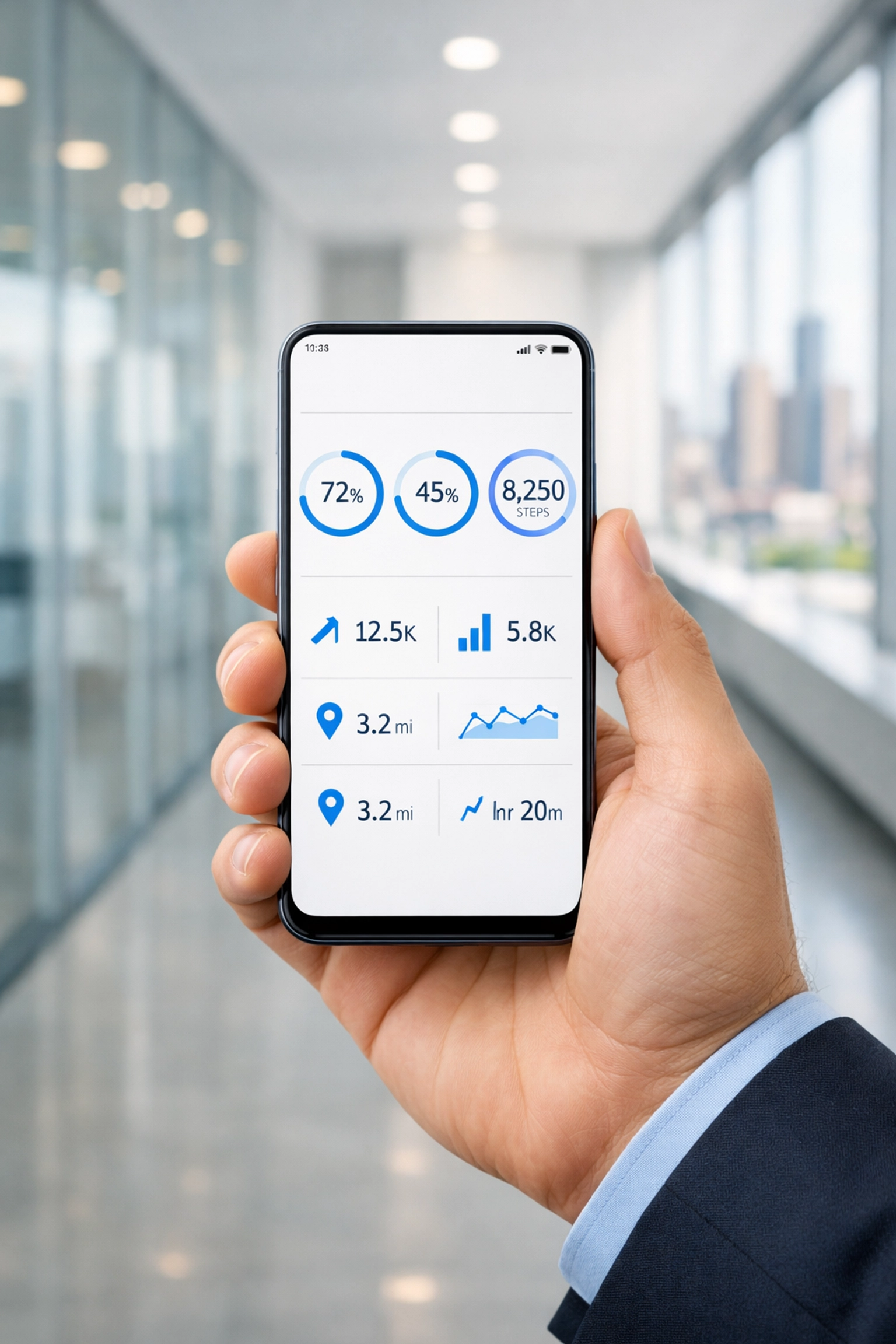 Property manager using a smartphone dashboard to track commercial cleaning services in a Detroit office.