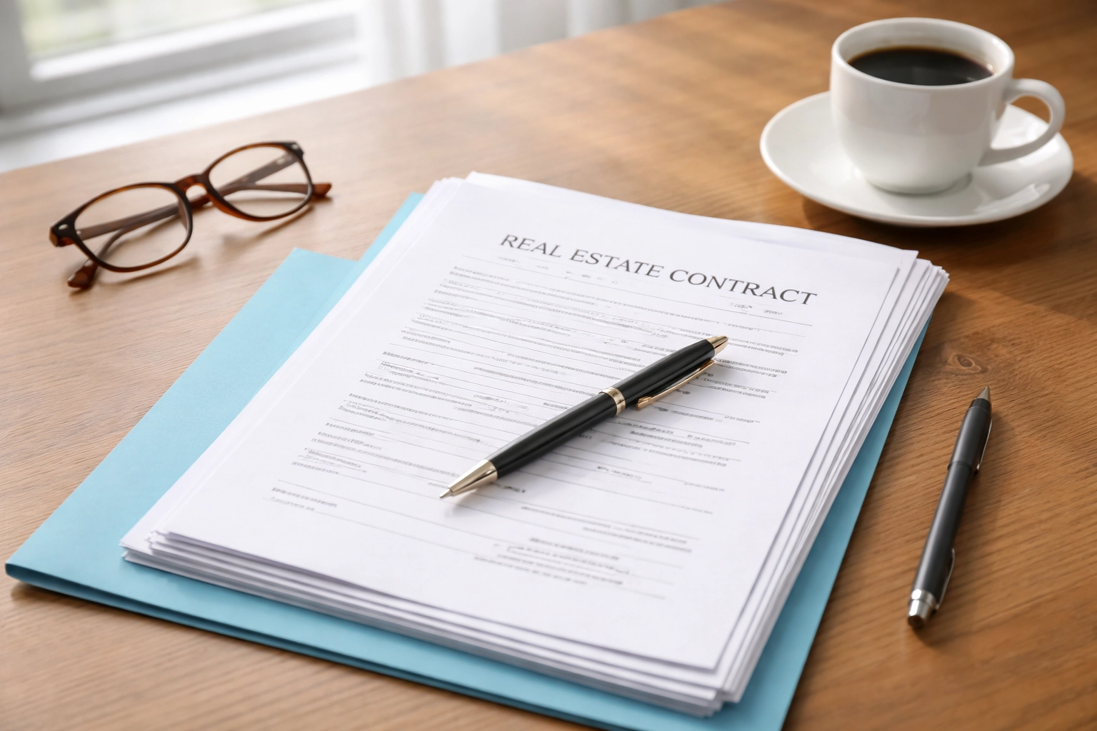 Organized closing table with real estate settlement documents, pen, and glasses in soft natural light for closing day clarity