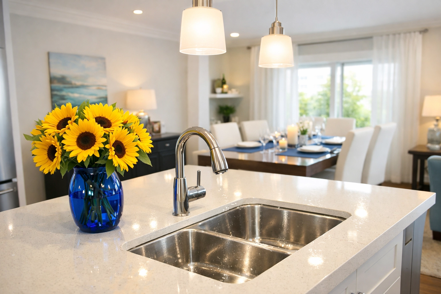 Spotless luxury apartment kitchen in Maynard featuring gleaming quartz countertops and a perfectly organized space.