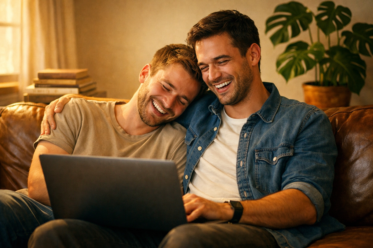 Best friends sharing a laugh on a sofa, illustrating the transition in a friends-to-lovers MM romance.
