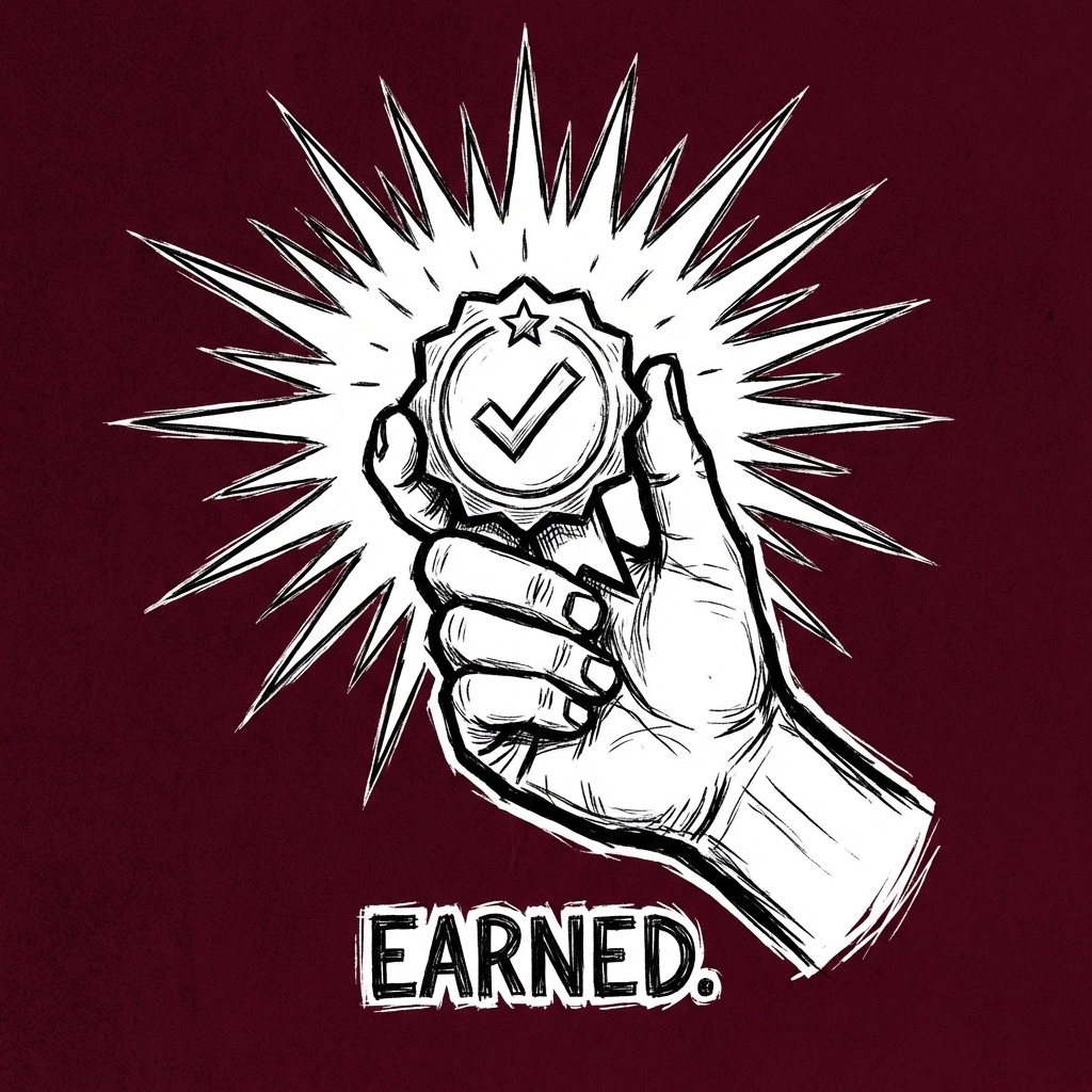 A hand raising a glowing badge, symbolizing IncluHub verified creator recognition and financial empowerment.