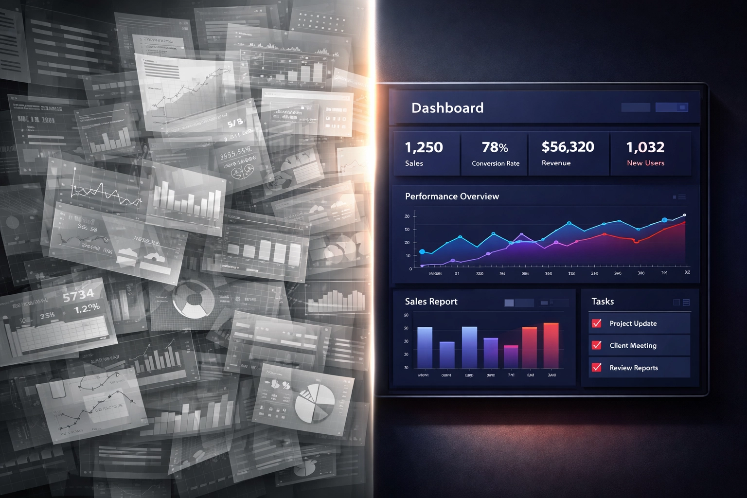 Comparison of cluttered IT metrics versus clear business-focused dashboard design