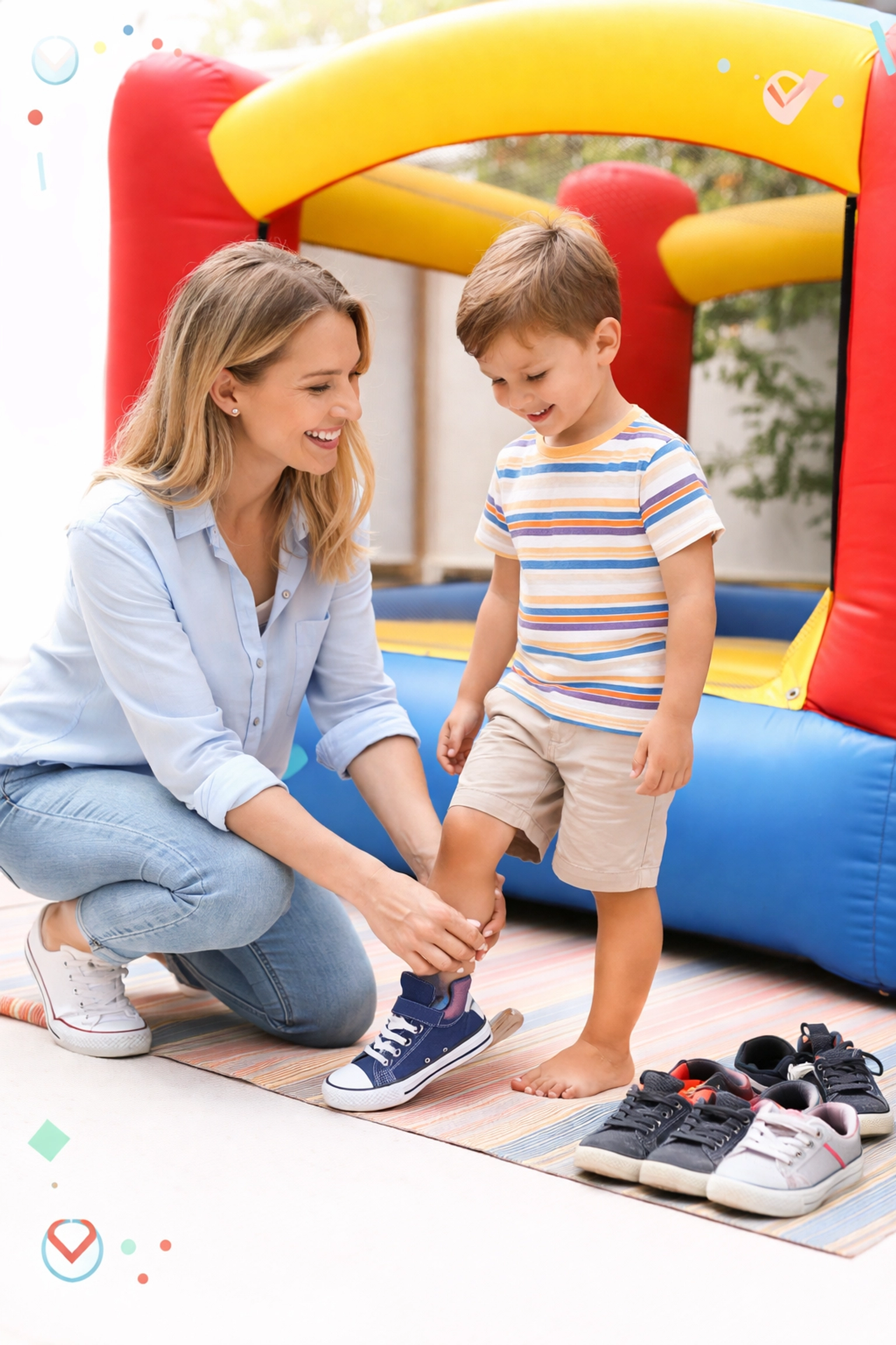 Parent assisting child in removing shoes before entering bounce house to ensure safe inflatable use.
