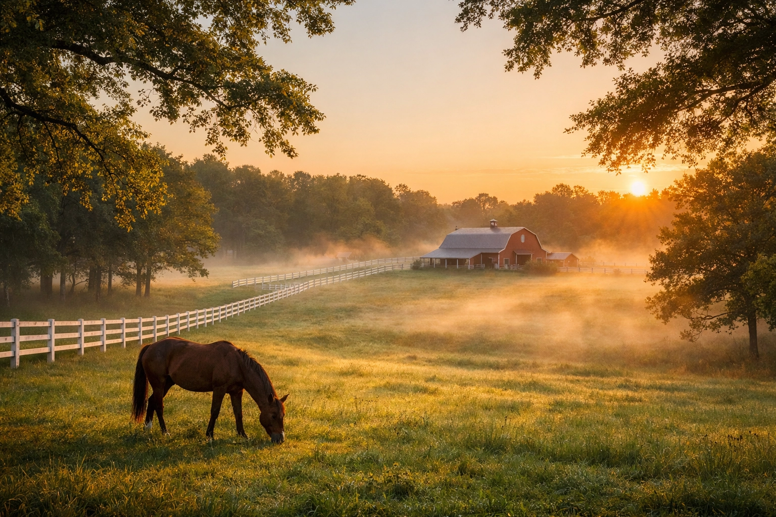 Horse grazing in North Carolina pasture with white fence at sunrise on equestrian property