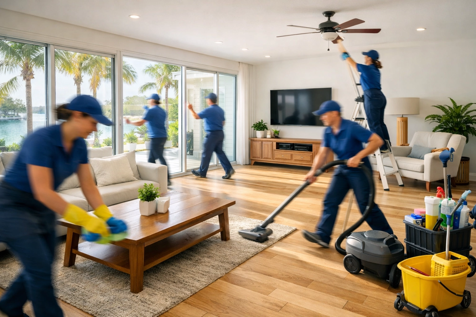 Professional cleaning team performing high-speed deep cleaning in a sunlit Tampa Bay home.