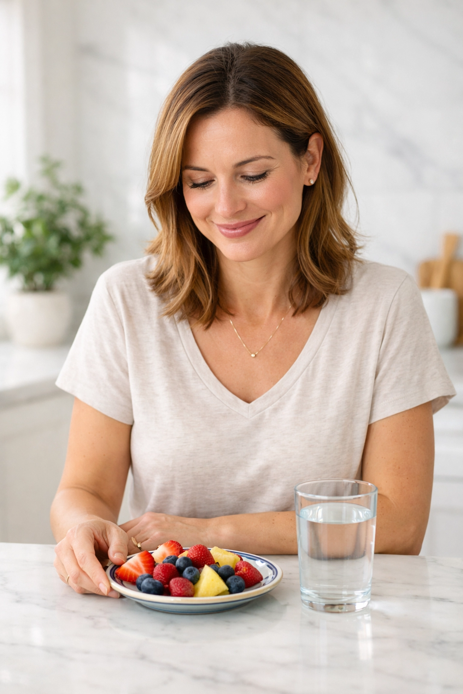 Woman in a bright kitchen smiling at healthy fruit, showing weight loss results with medical supervision.