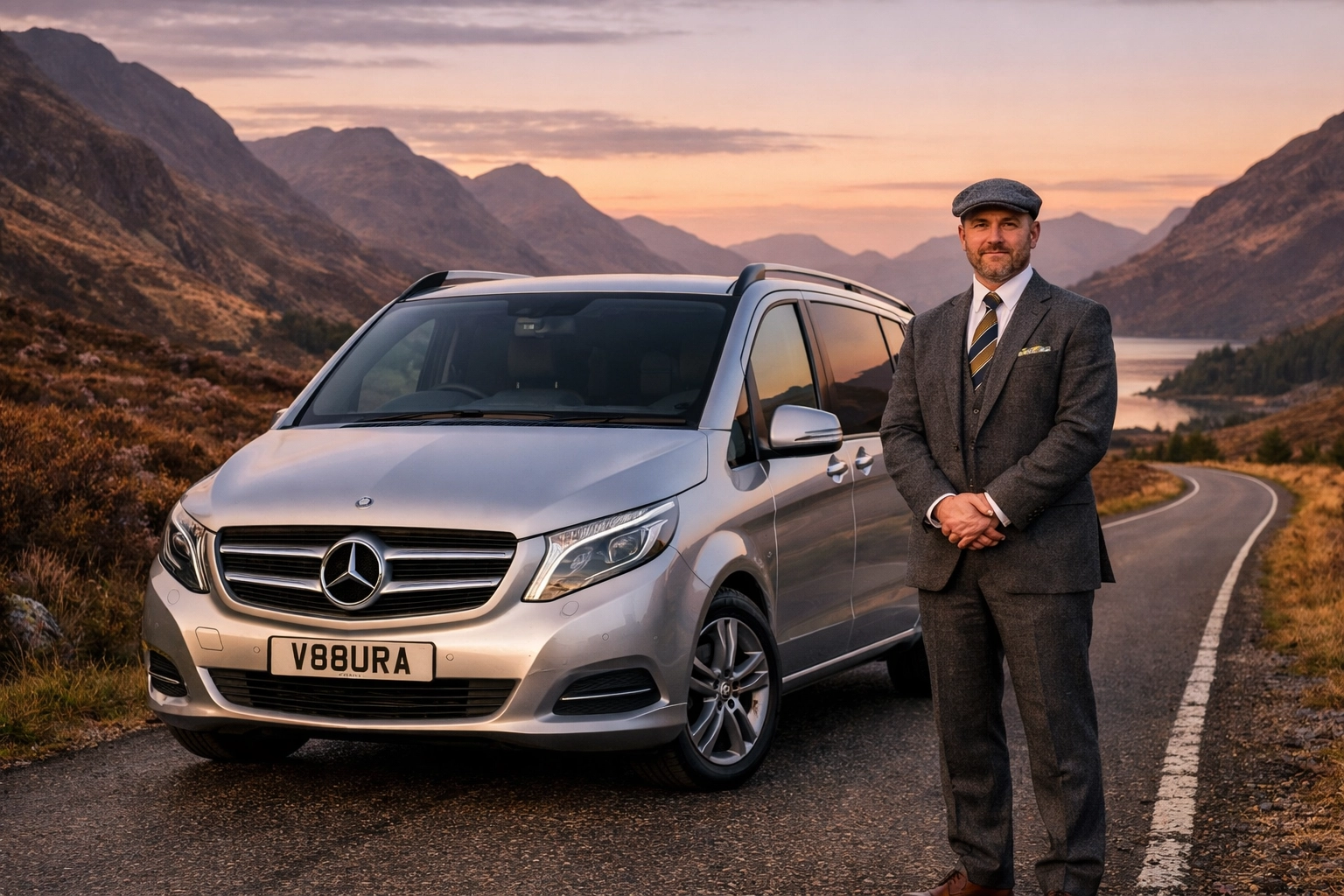 Professional chauffeur with a Mercedes-Benz V-Class on a scenic luxury Highland tour in Scotland.