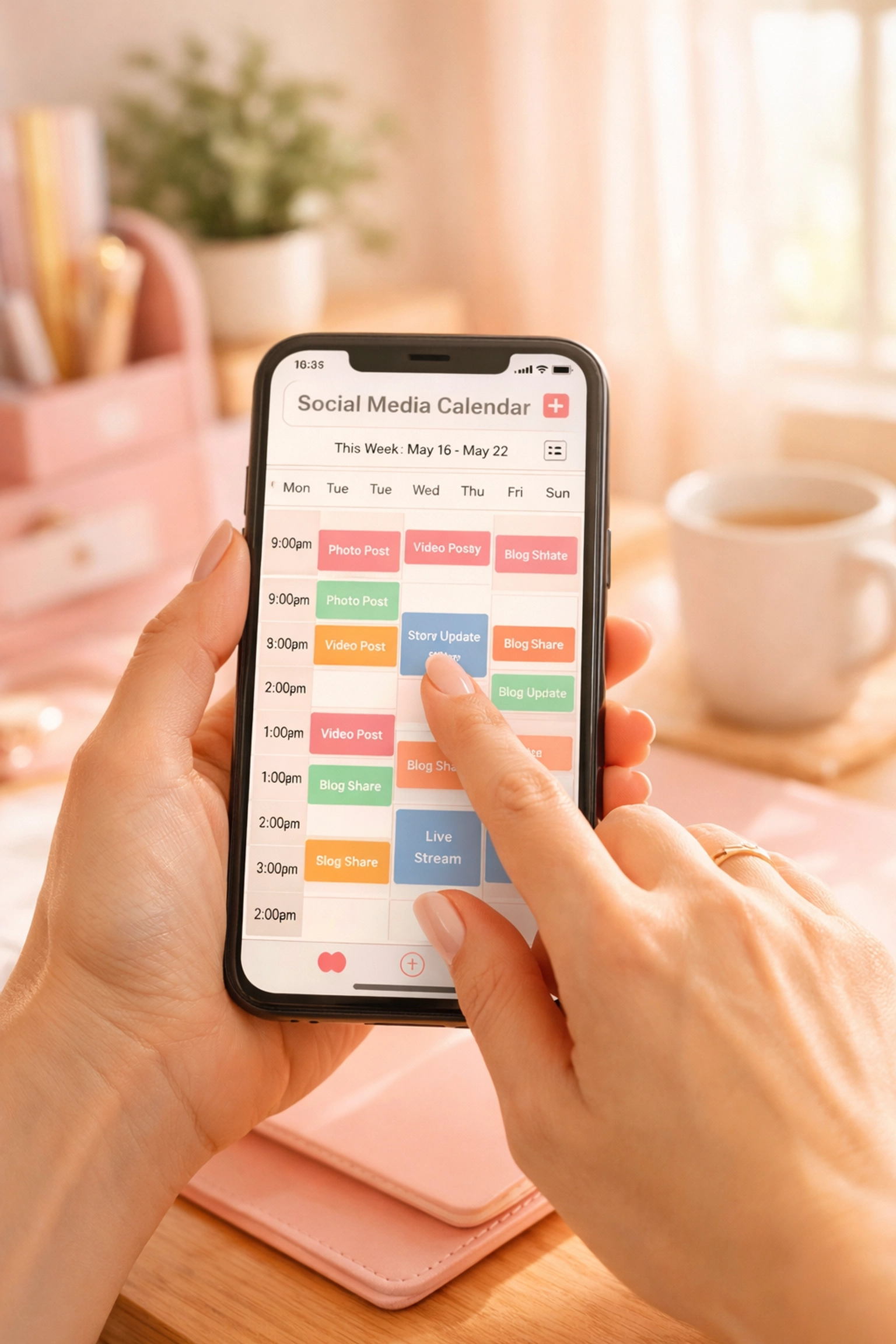 Hands holding smartphone with color-coded social media scheduling calendar app