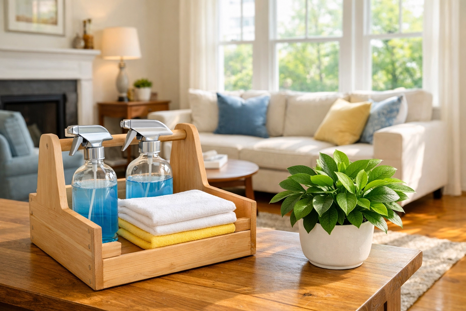 Eco-friendly supplies used for a healthy move-out cleaning in Massachusetts in a sun-drenched living room.