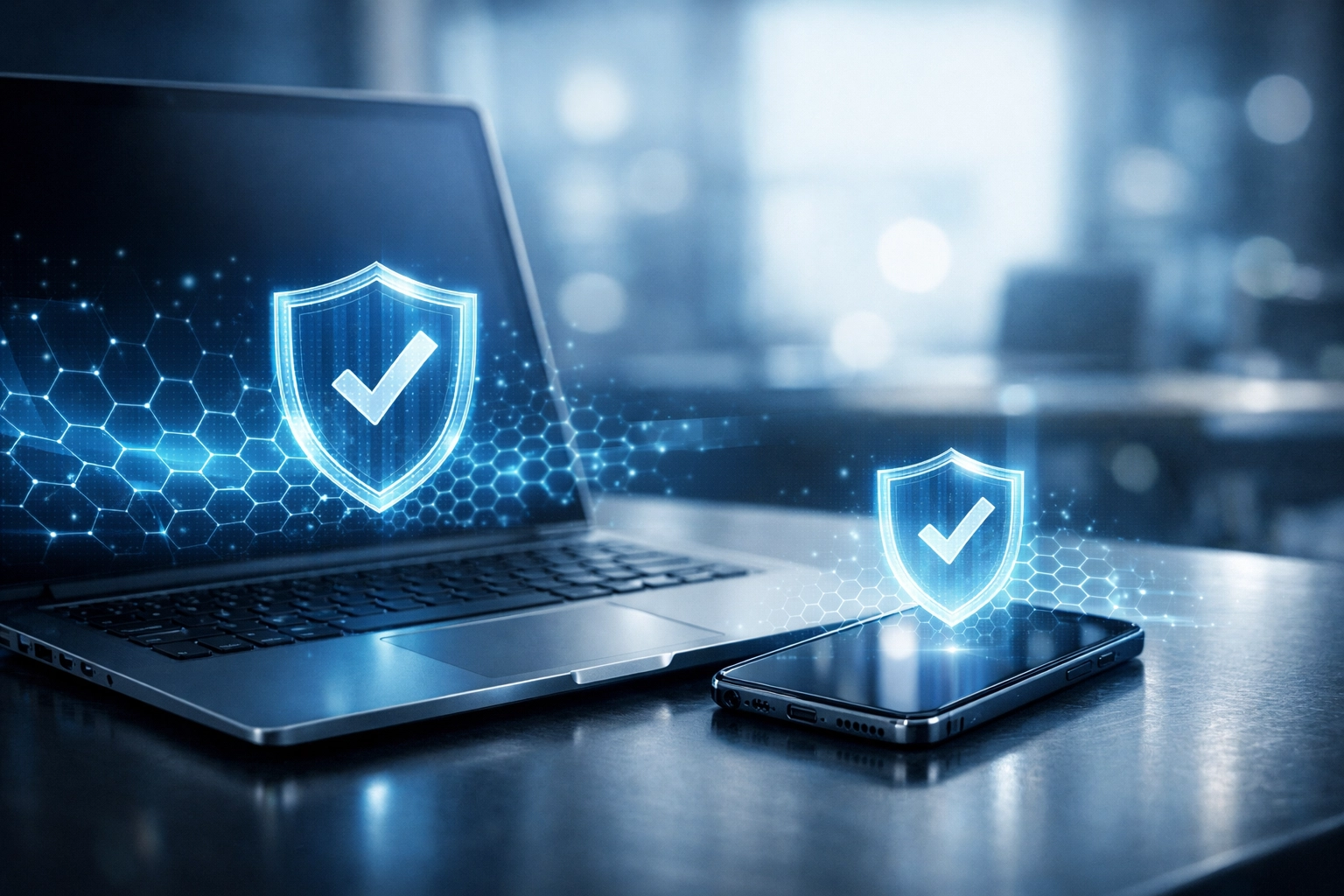 Digital security overlays on a laptop and smartphone representing zero-trust cybersecurity for small business IT.