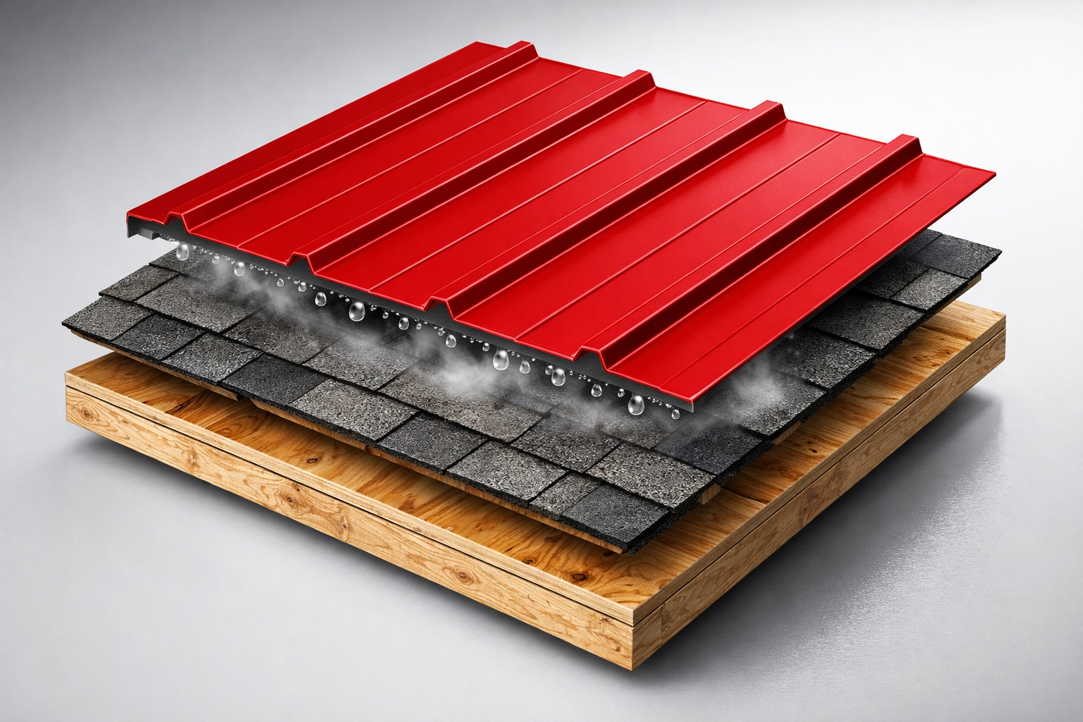 Cutaway showing condensation trapped between red metal roofing and old shingles, a risk for Salisbury roofing.
