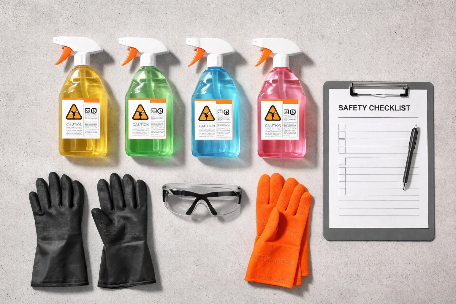 Organized chemical storage supplies and safety gear highlighting safe handling practices on farms