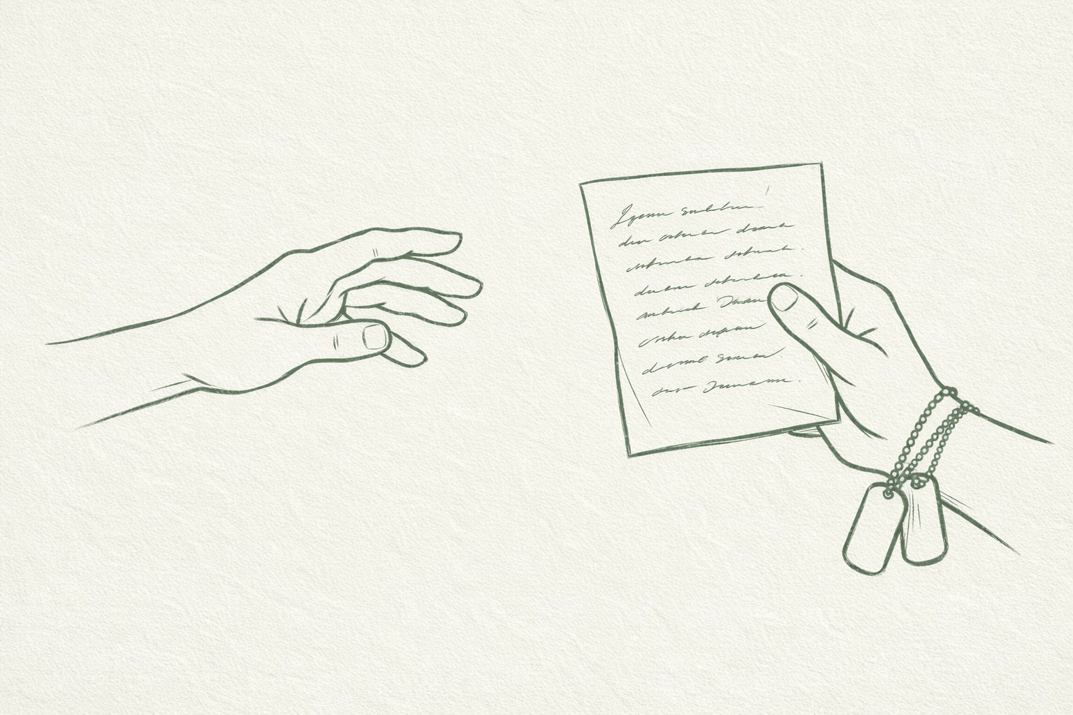 Military hands reaching for deployment letter with dog tags symbolizing long-distance love