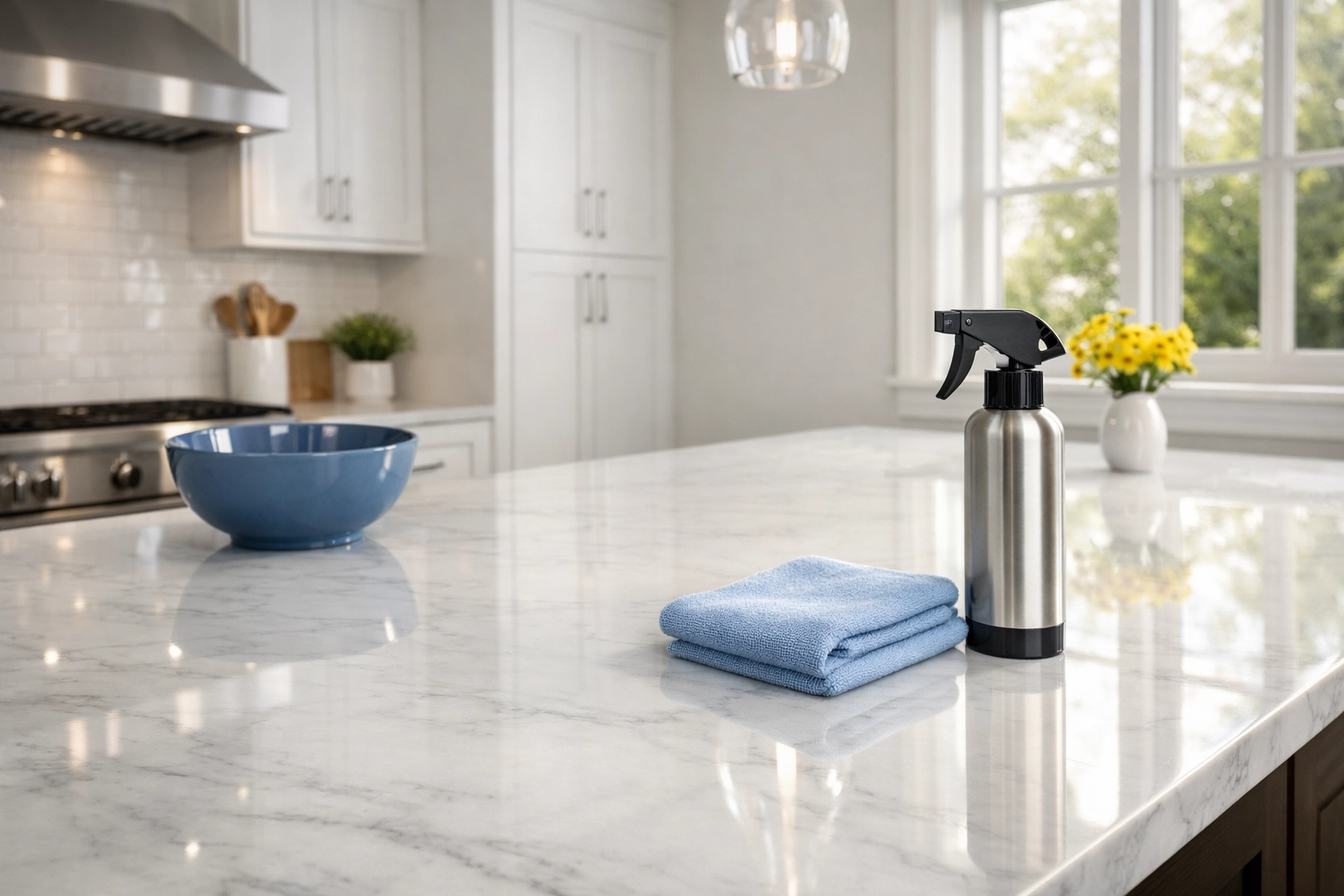 Professional cleaners Dunstable MA provide a streak-free, high-end kitchen with white marble countertops.