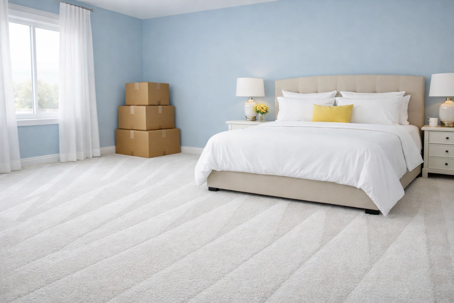 Clean master bedroom with fresh vacuum lines and moving boxes, showing a well-maintained home for sale.