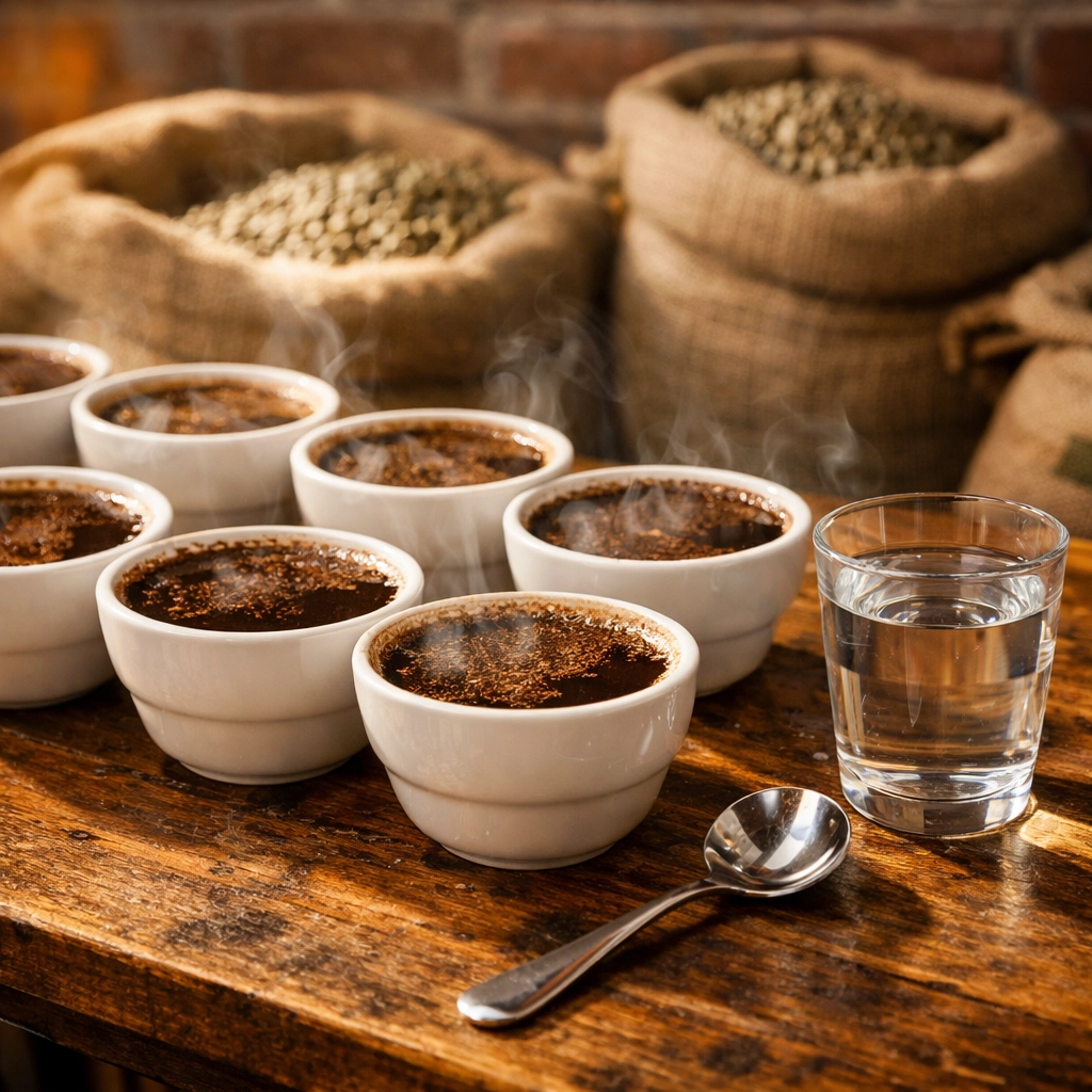 Professional speciality coffee cupping session in a roastery evaluating high-scoring coffee beans.