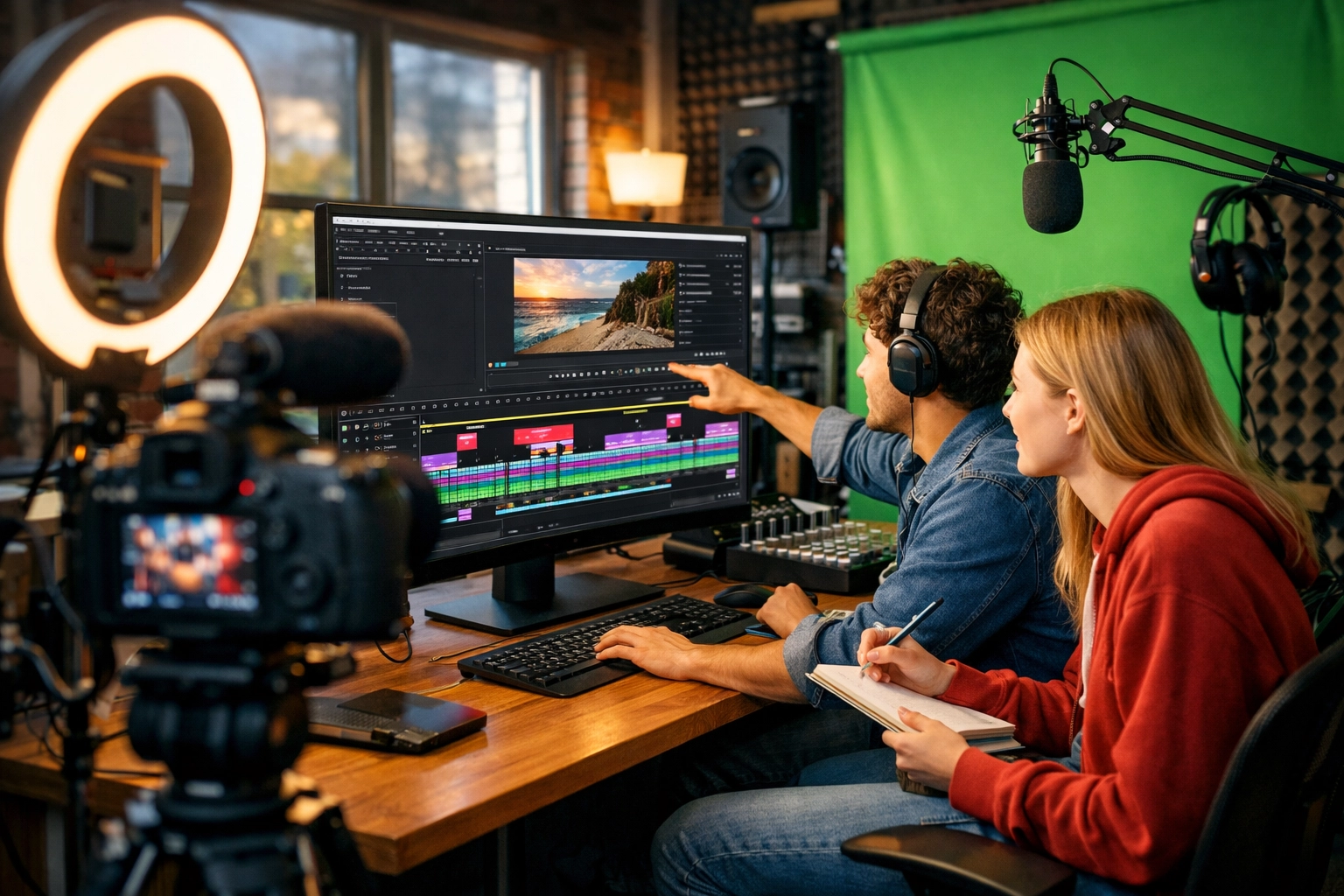 Content creation pod studio with professional equipment and students editing video together