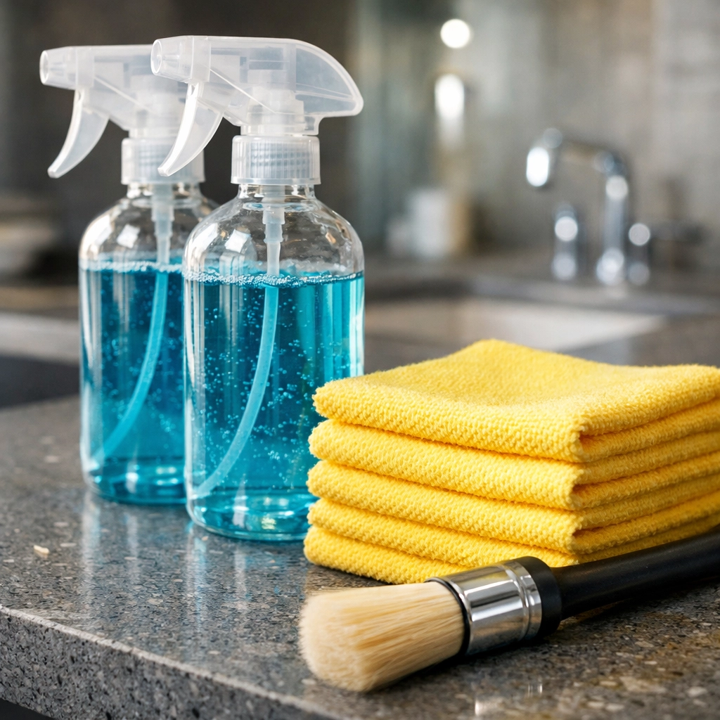 Professional cleaners' eco-friendly kit with microfiber cloths for deep cleaning in Winchester.