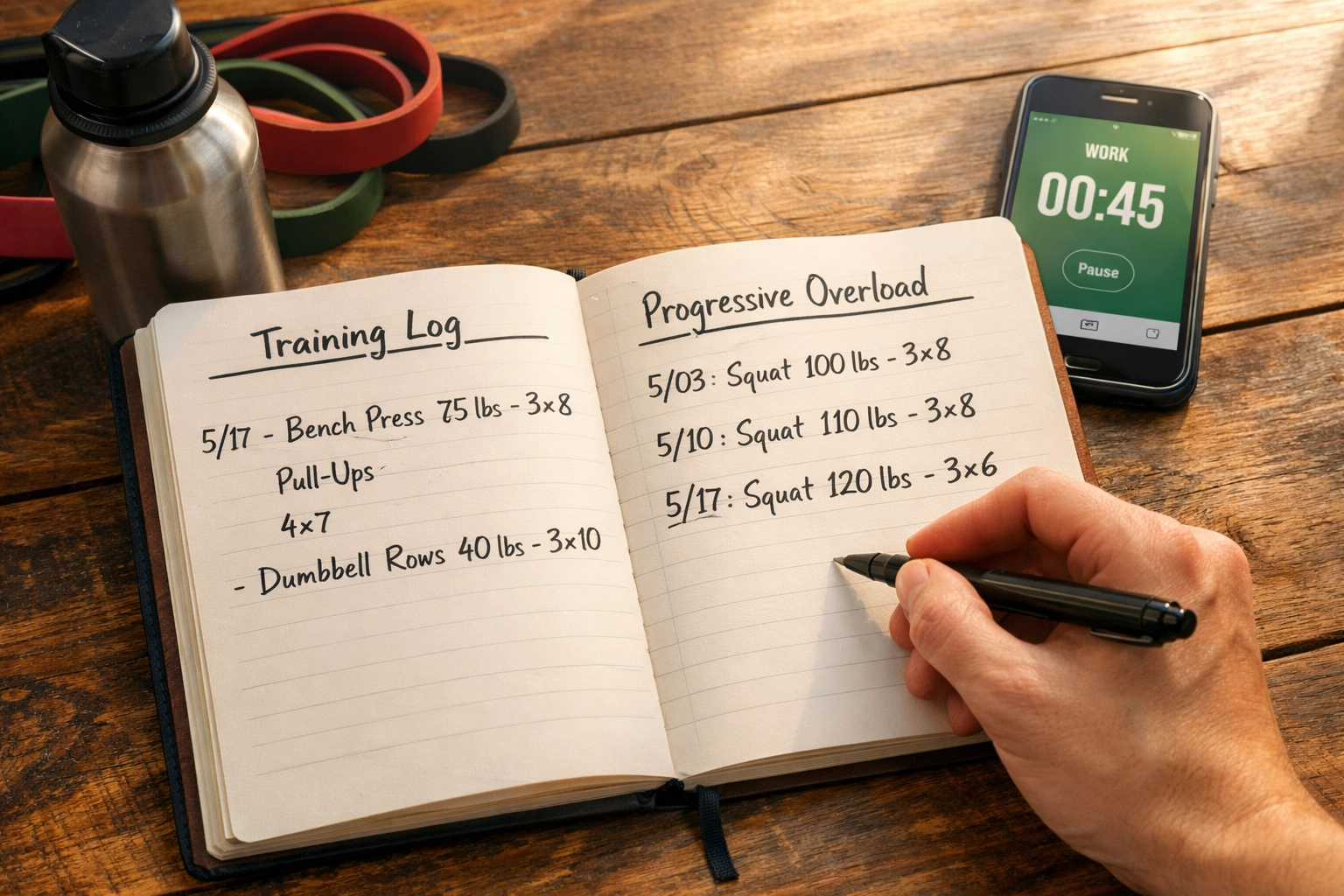 Fitness training journal tracking progressive overload and workout progression for bodyweight training