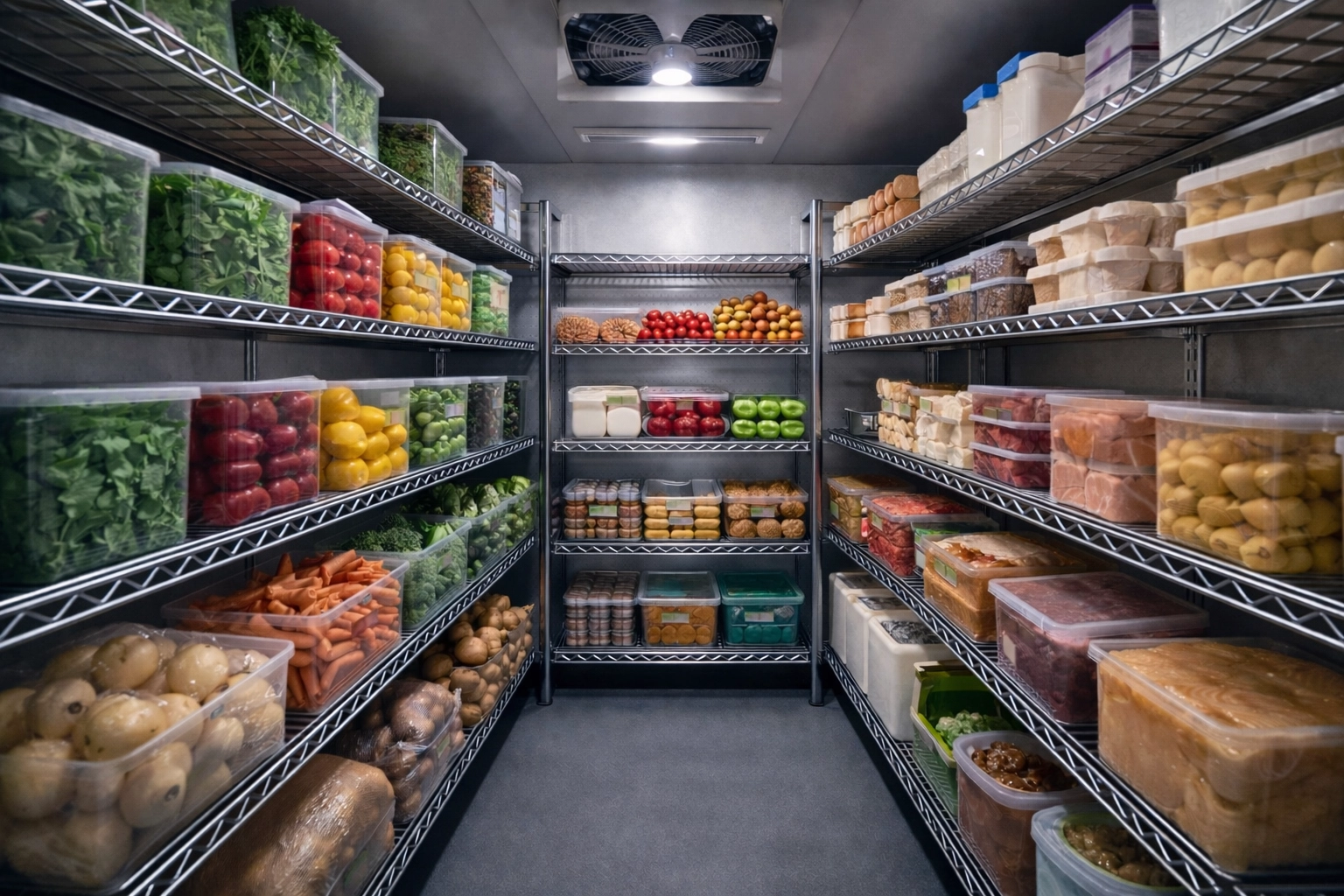 Organized walk-in refrigerator showing FIFO inventory management with labeled containers of fresh restaurant ingredients
