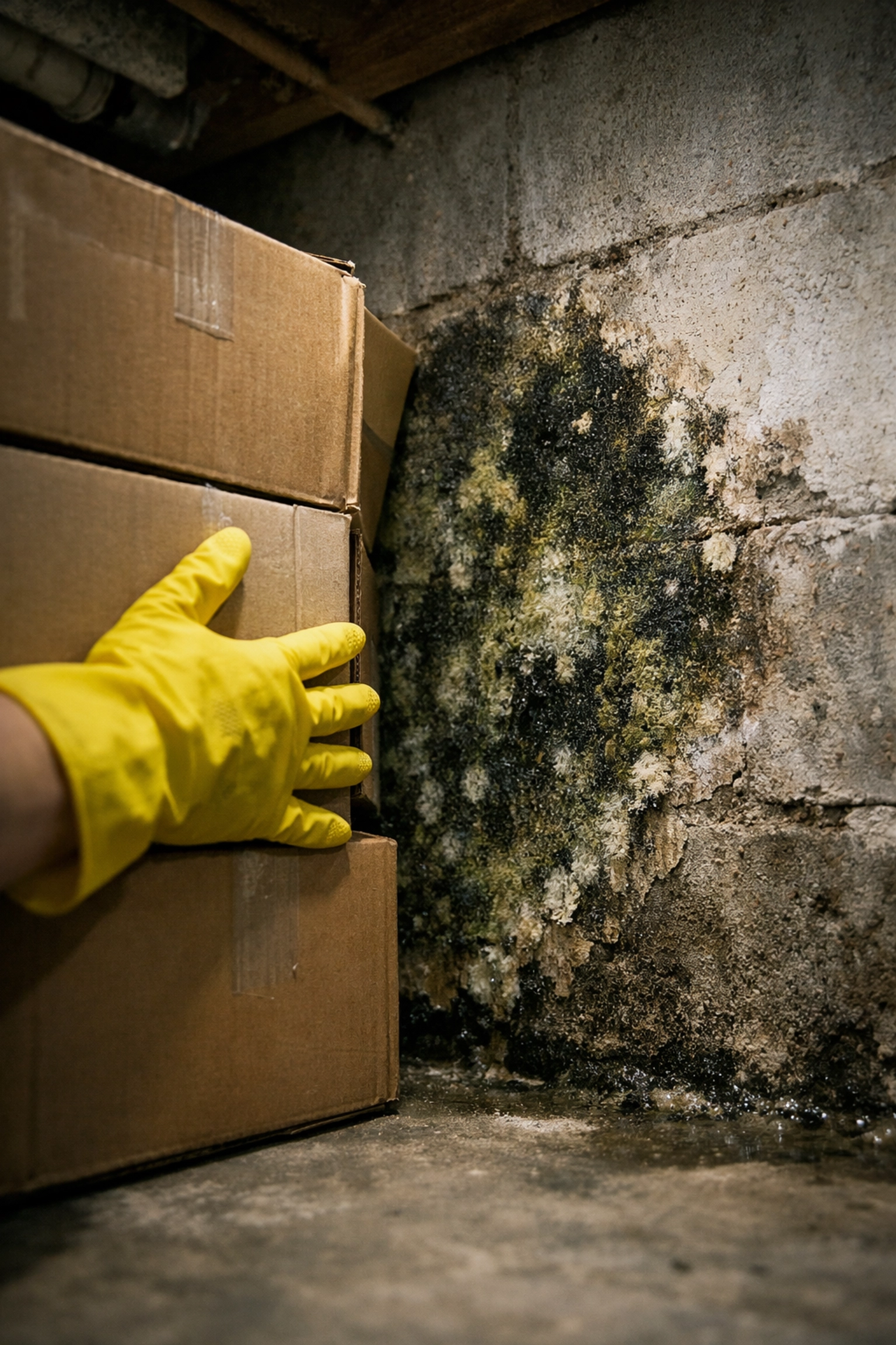 Homeowner finds basement mold behind boxes, warning sign for mold remediation in Bucks County