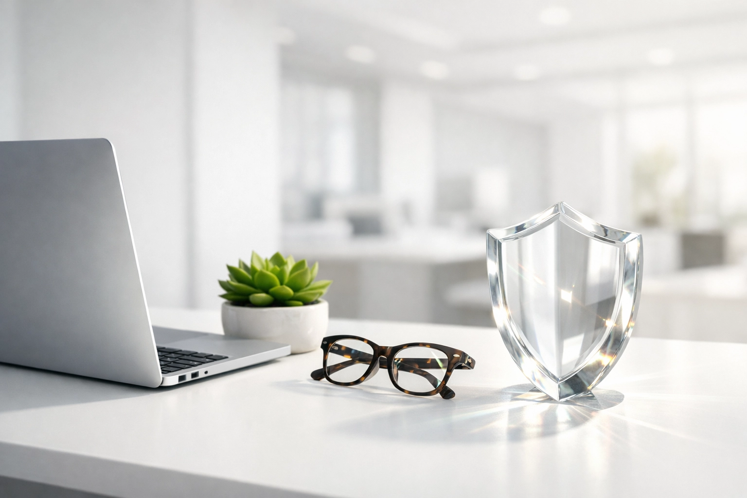 Modern laptop on a white desk with a shield icon representing secure website maintenance services.
