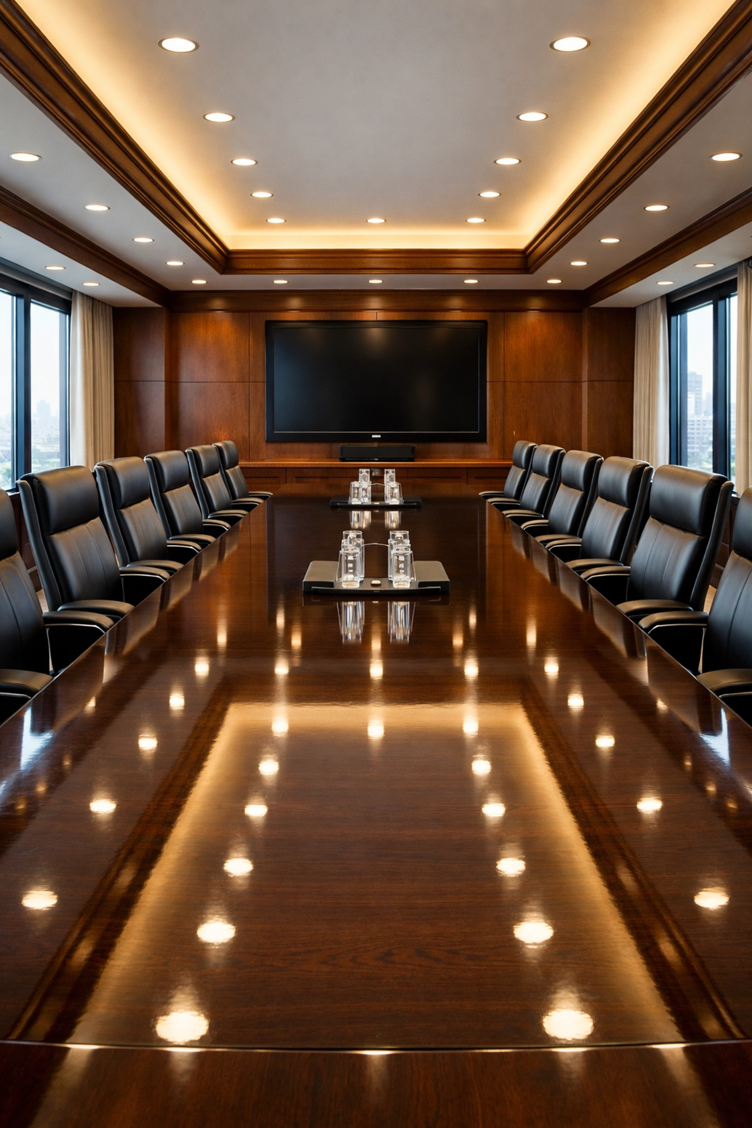 A flawlessly cleaned and polished corporate boardroom showcasing high-standard office maintenance.