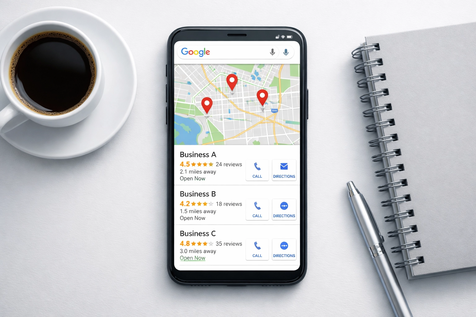 Smartphone displaying Google Map Pack with three local business listings on mobile search results