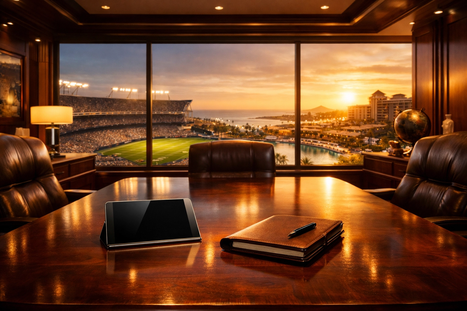 Executive boardroom overlooking sports and travel landscapes representing Dakdan Worldwide strategic consulting.