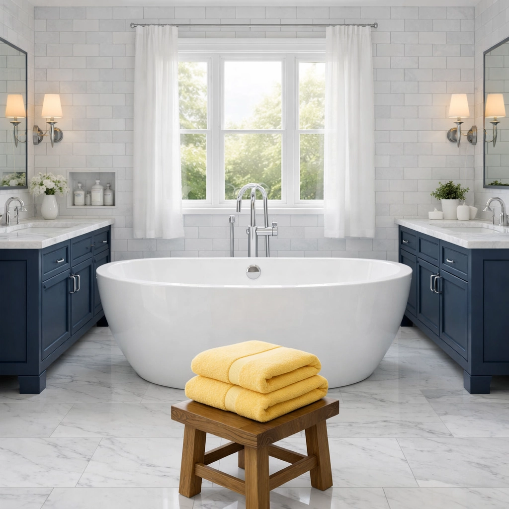 A pristine luxury bathroom cleaned by professional cleaners Uxbridge MA providing a fresh home sanctuary.