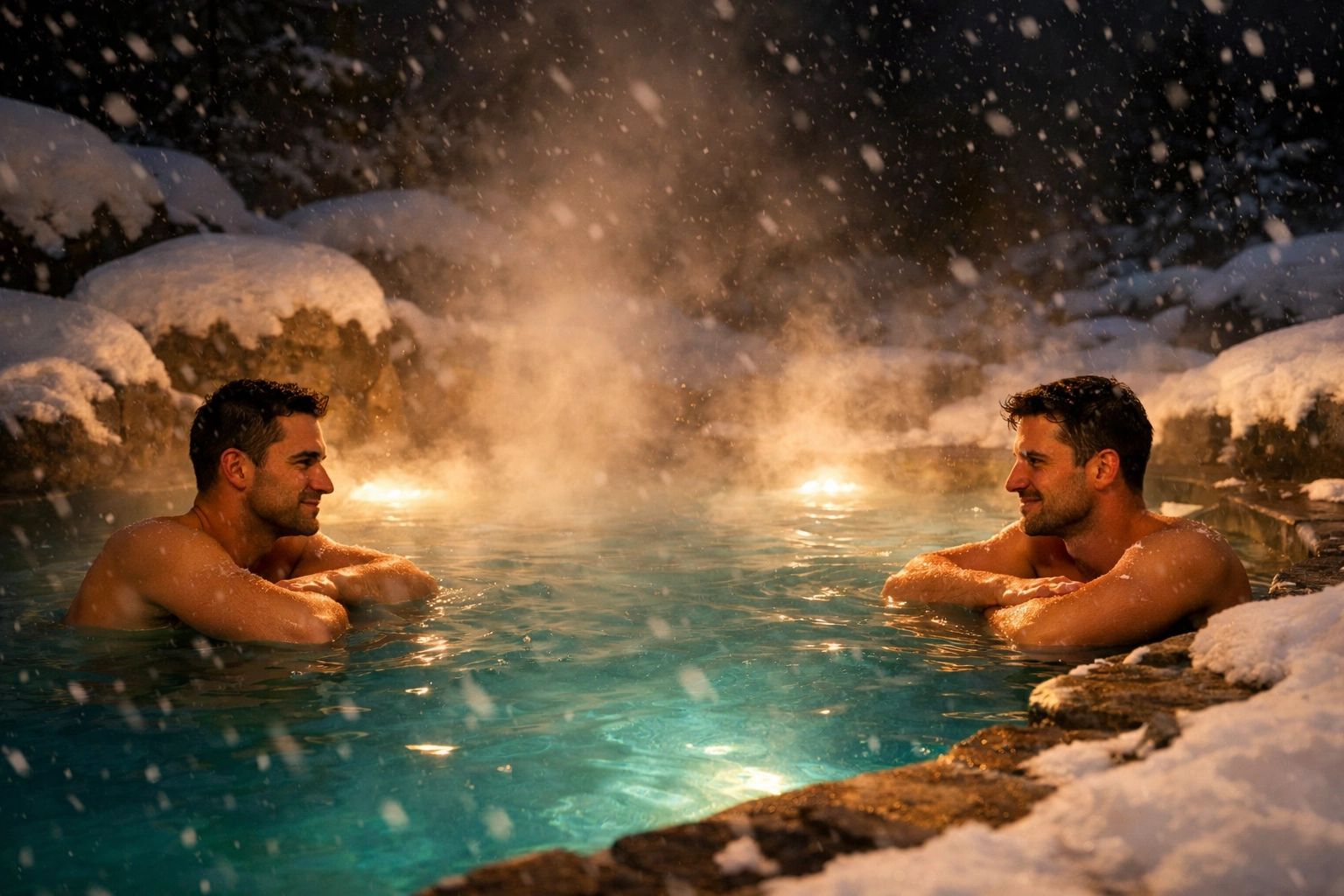 Two men relaxing in Swiss thermal spa with snow, romantic alpine winter setting