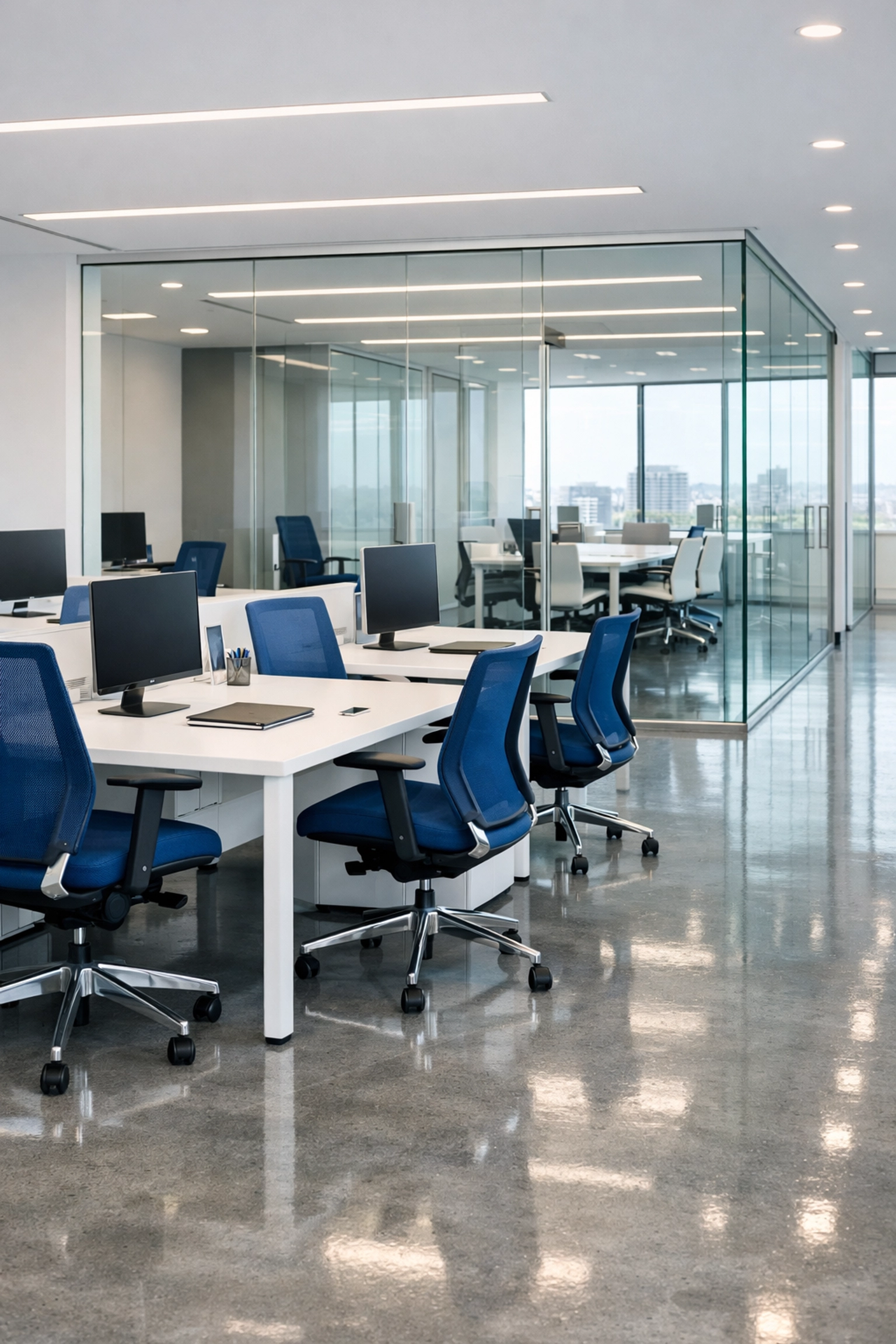 Sanitized commercial office with transparent glass partitions and clean floors by house cleaning Shirley MA.