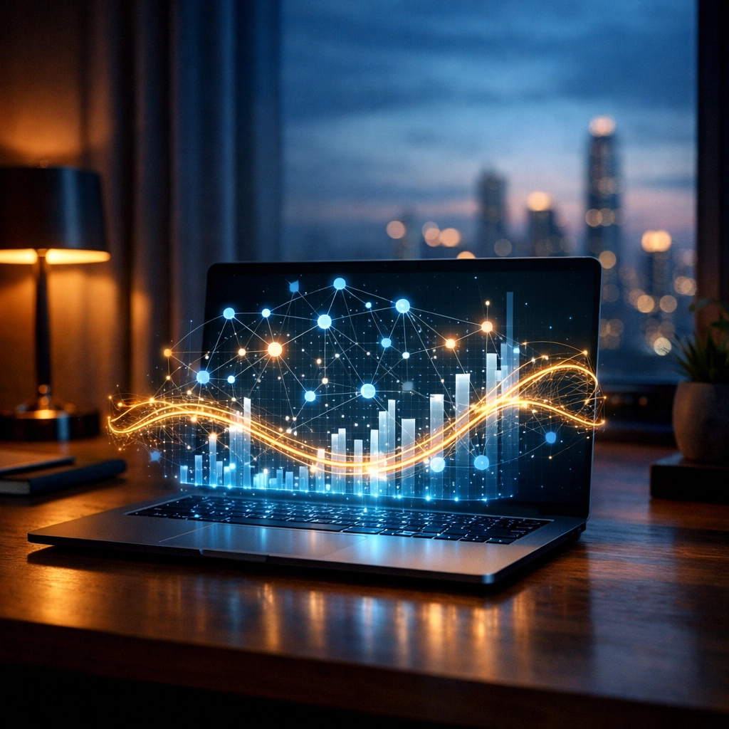 Futuristic home office with a holographic AI dashboard illustrating predictive project management and automated scheduling.