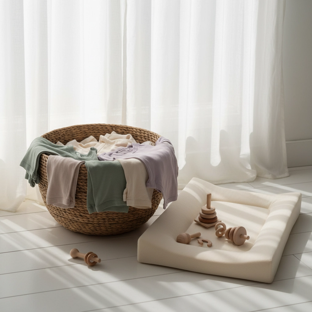 Assorted gender-neutral baby clothes including rompers, leggings, and tops laid out on a flat surface