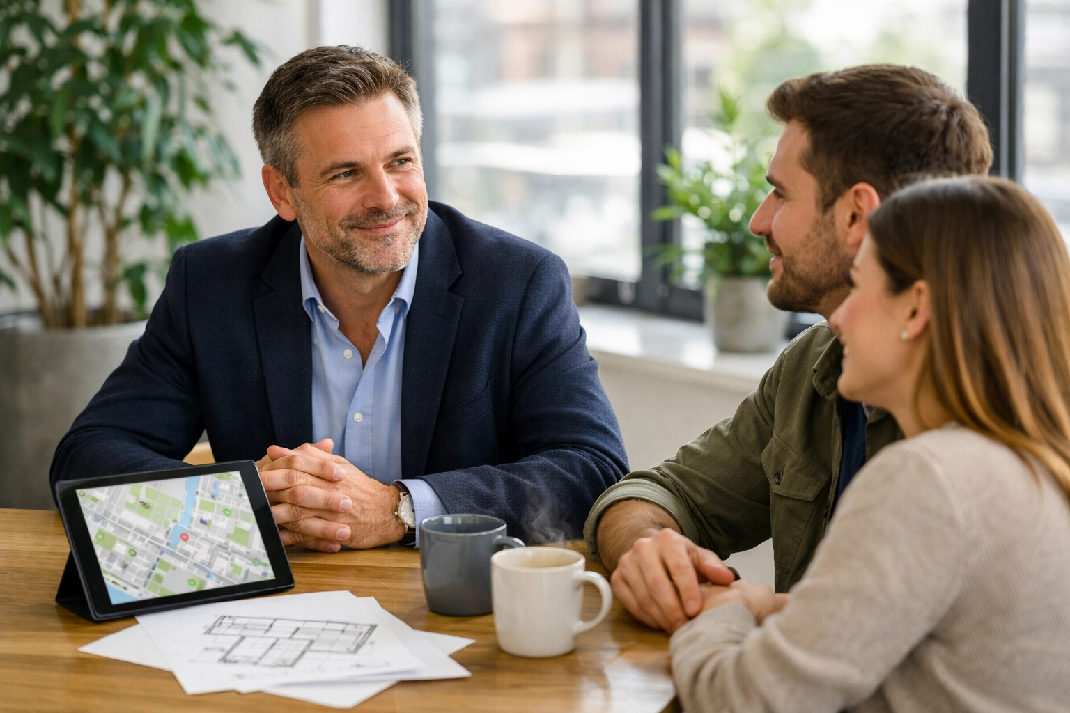 A real estate agent providing a compassionate first-time homebuyer consultation in a modern Omaha office.