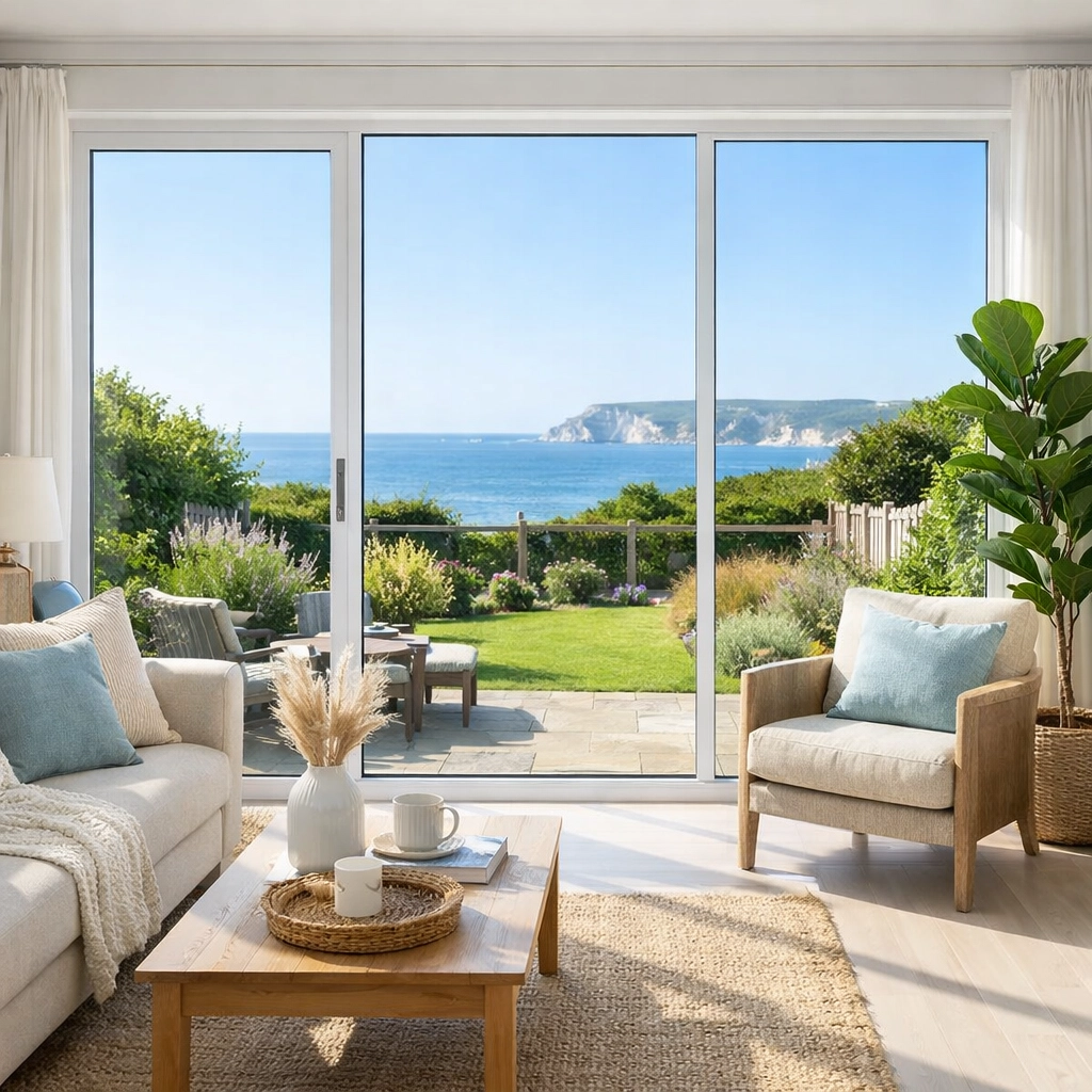 Condensation-free patio doors in a modern Dorset home, illustrating the benefits of a PIV unit installation.