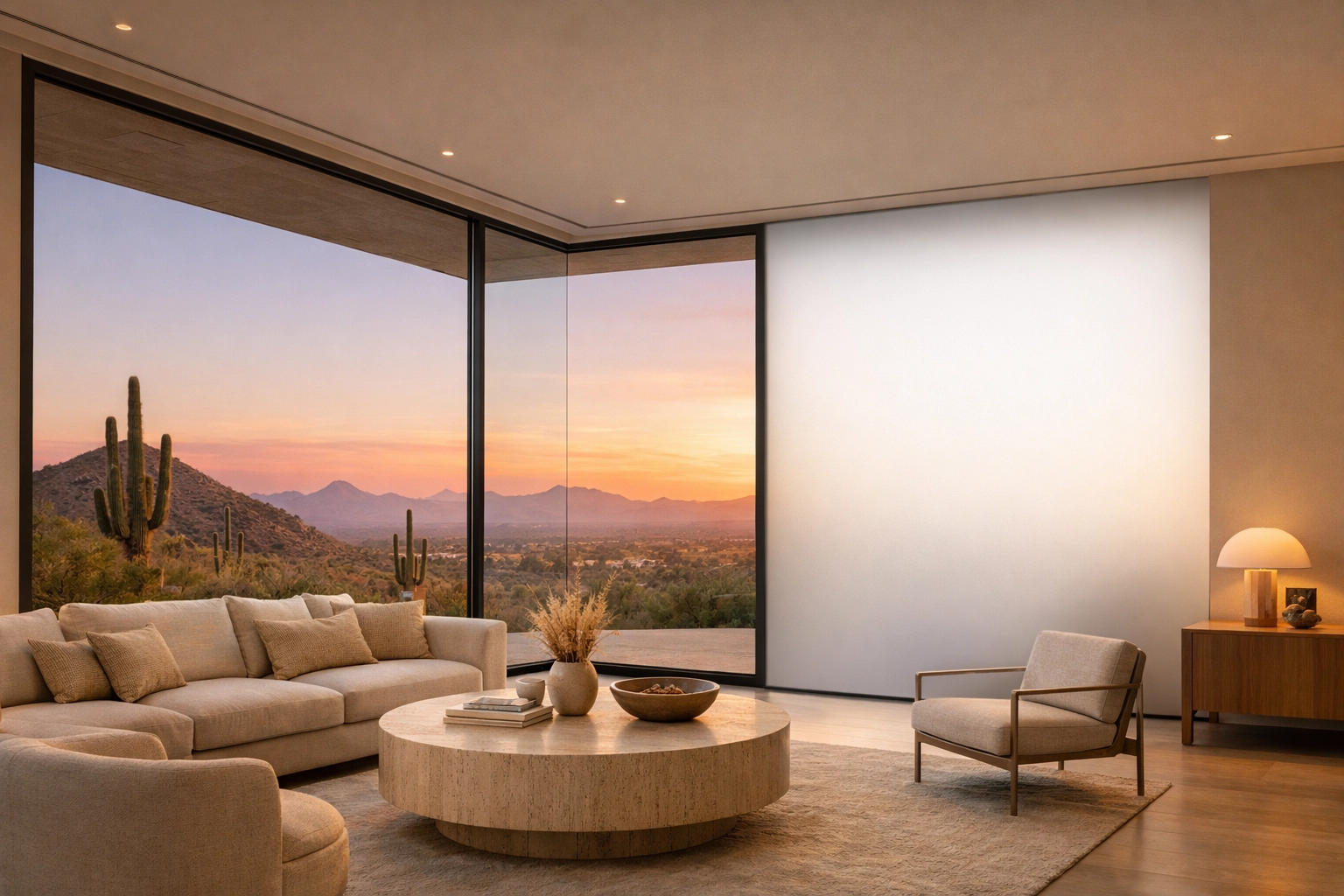Luxury Tempe home renovation featuring smart film windows transitioning for privacy and natural light.