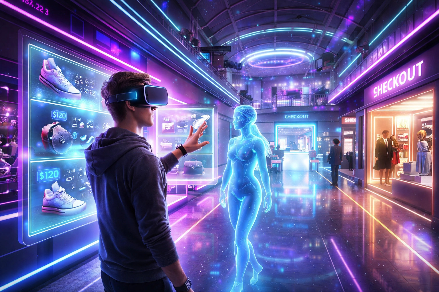 Person browsing virtual products in a metaverse shopping mall, highlighting Larecoin’s crypto payments and VR commerce features